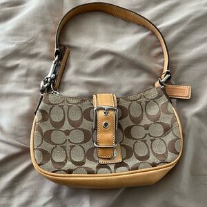 Coach Signature Brown and Tan Shoulder Bag with Hobo Silhouette